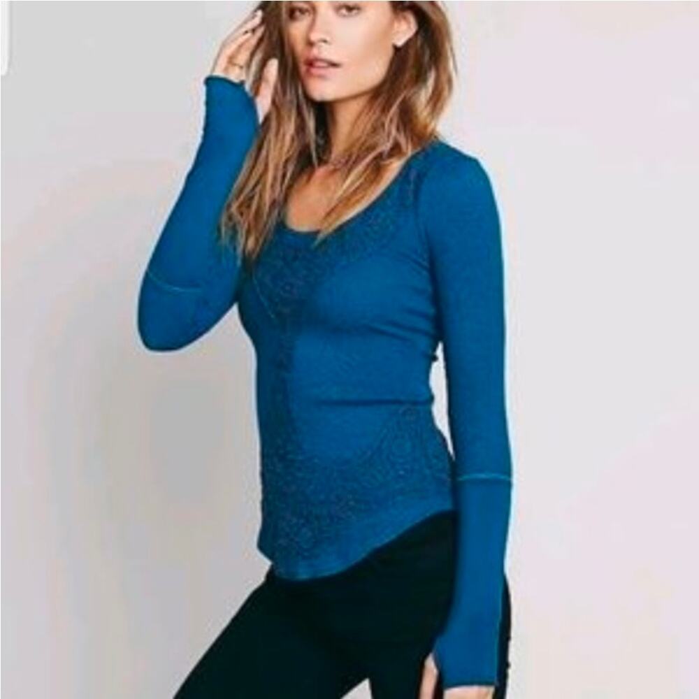 Free People Vintage Blue Lacey Applique Long Sleeve Thermal - Picture 10 of 10